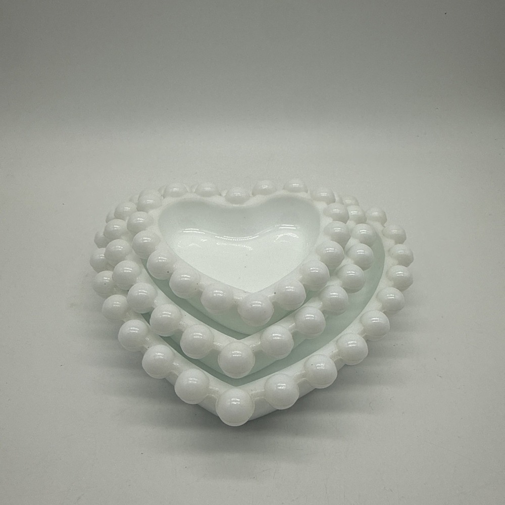 Heart Milk Glass Vintage Hobnail Dish Trinket Candy Catchall Set 3 MCM Granny